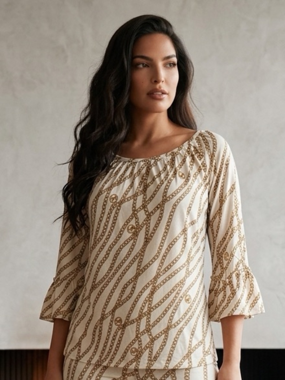 Michael Kors Cream Blouse with Gold Chain Print